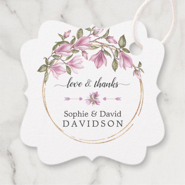 Magnolia Flowers Bloom Guld Bröllop Gåvor Etiketter (Baksida)