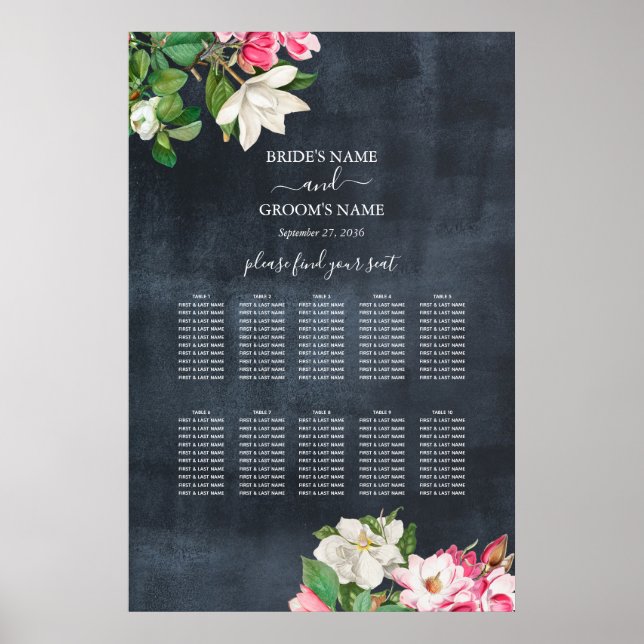 Magnolia Flowers Bröllop Sittdiagram för vattenfär Poster (Framsidan)