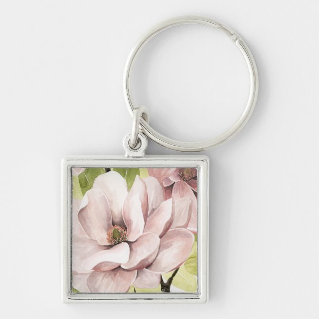  Magnolia Flowers Fyrkantig Silverfärgad Nyckelring (Framsidan)