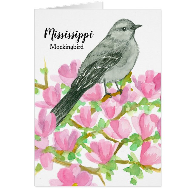 Magnolia Flowers Mockingbird Watercolor Hälsningskort (Framsidan)