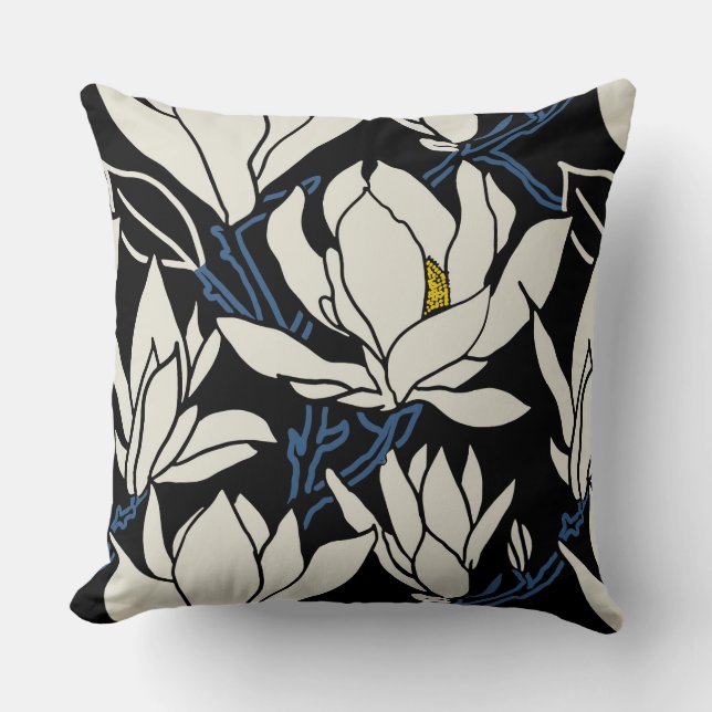 Magnolia-grafik i beige och svart mönster kudde (Framsida)