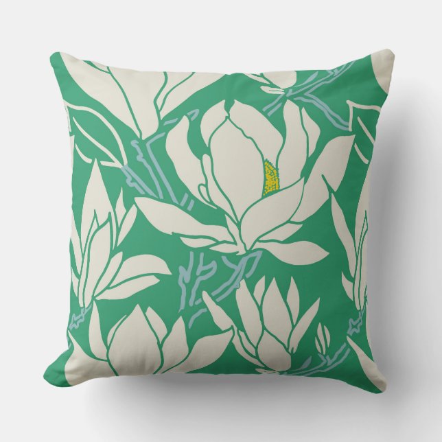 Magnolia-grafik i grönt mönster kudde (Framsida)