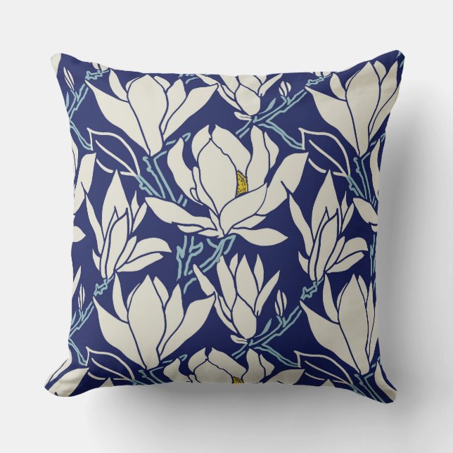 Magnolia-grafik i indigo-mönster kudde (Framsida)