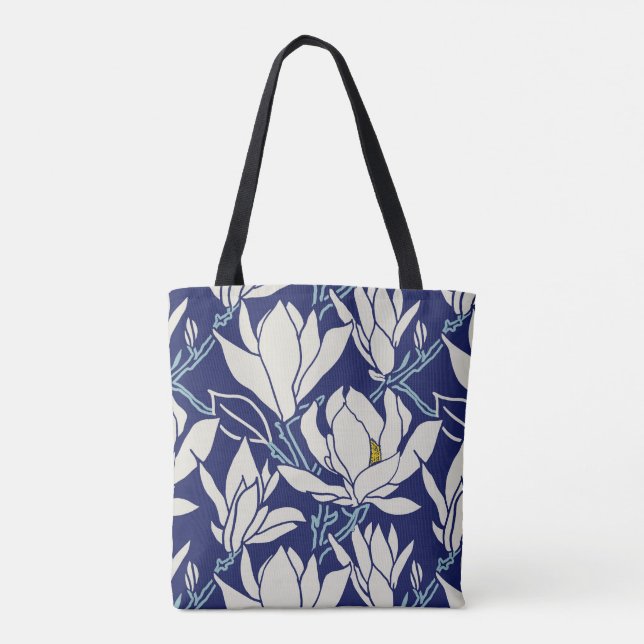 Magnolia-grafik i indigo-mönster tygkasse (Baksida)