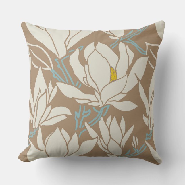 Magnolia-grafik i khakifärgat mönster kudde (Framsida)