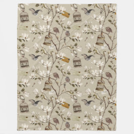 Magnolia Grove with Owls in Ecru Beige Fleecefilt