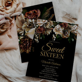 Magnolia Guld och Black Blommigt Sweet sixteen Inbjudningar