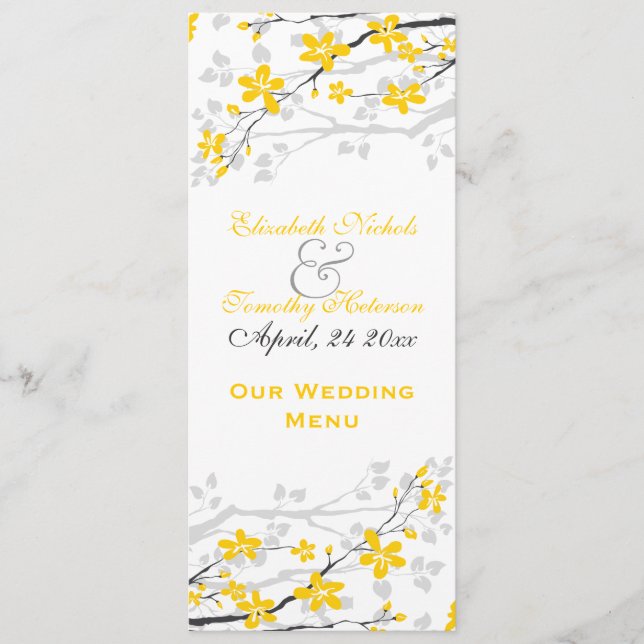 Magnolia-gult, grått bröllop Menu-kort Meny (Framsida)