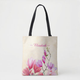Magnolia i rosa akvarell på krämfärgad toteväska tygkasse