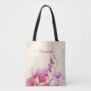 Magnolia i rosa akvarell på krämfärgad toteväska tygkasse