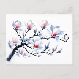 Magnolia med Butterfly Asian Bläck Painting Helg Vykort