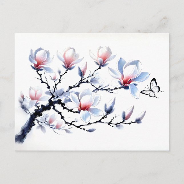Magnolia med Butterfly Asian Bläck Painting Helg Vykort (Framsida)