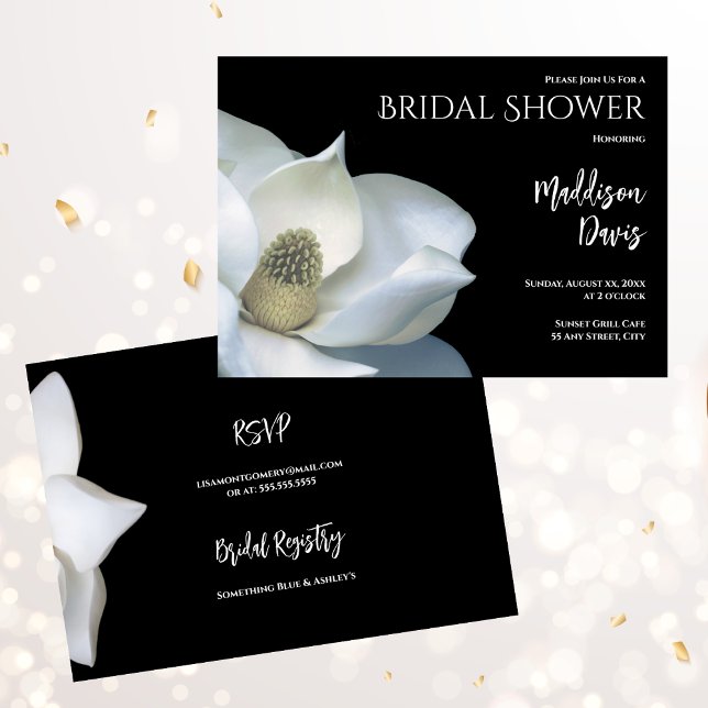 Magnolia Möhippa Elegant Black and White Inbjudningar (Magnolia Bridal Shower Elegant Black and White Invitation)