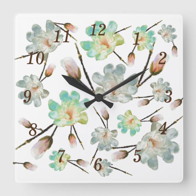 Magnolia Mönster Wall Clock Fyrkantig Klocka (Framsida)