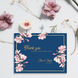 Magnolia Navy Blue Floral Wedding Thank You Vykort