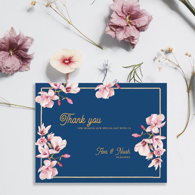 Magnolia Navy Blue Floral Wedding Thank You Vykort (Magnolia Navy Blue Floral Wedding Thank You Postcard)