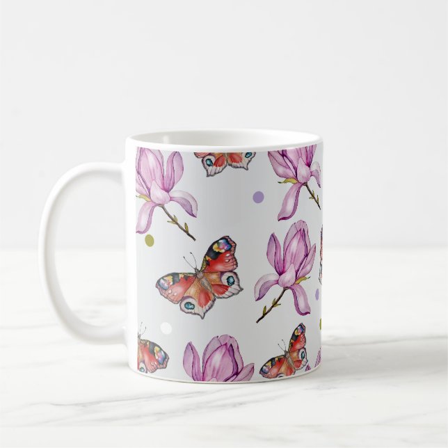 Magnolia och fjärilar, akvarellmönster kaffemugg (Vänster)