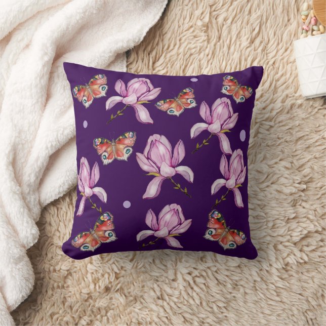 Magnolia och fjärilar, akvarellmönster kudde (Filt)