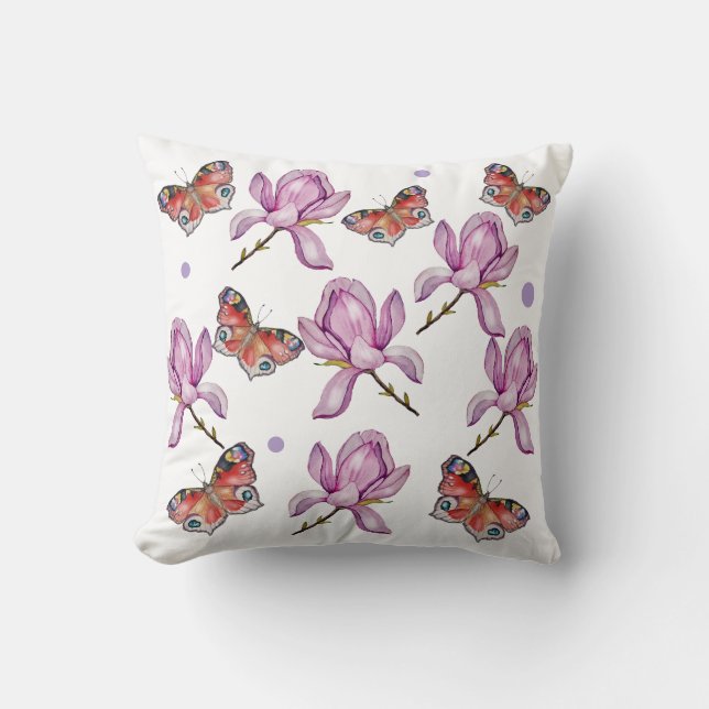 Magnolia och fjärilar, akvarellmönster kudde (Framsida)