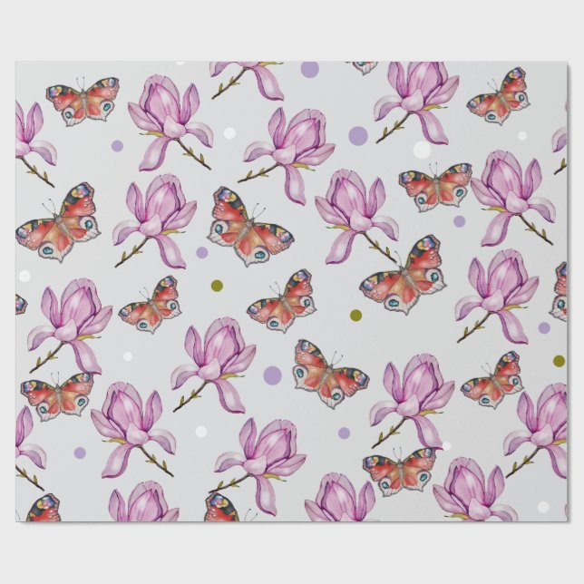 Magnolia och fjärilar, akvarellmönster presentpapper (Platt)