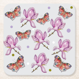 Magnolia och fjärilar, akvarellmönster underlägg papper kvadrat