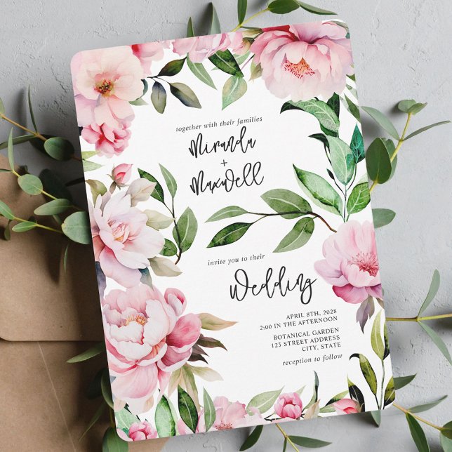 Magnolia Peony Rosa Watercolor Blommigt Bröllop Inbjudningar (Skapare uppladdad)