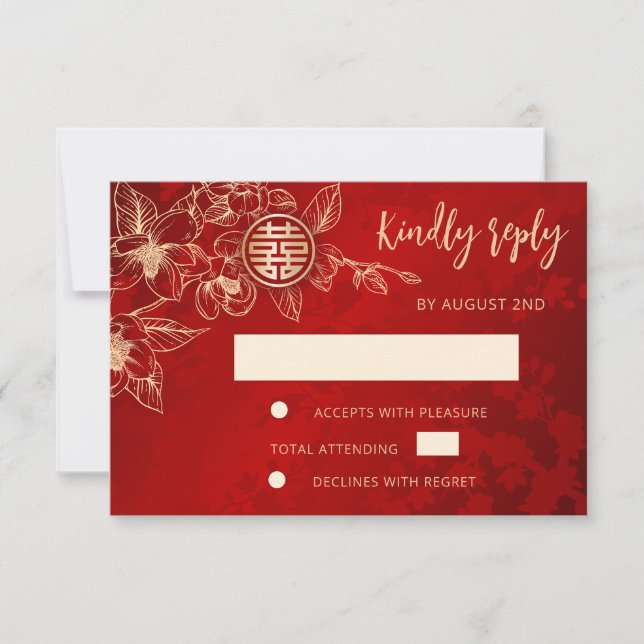 Magnolia Red Gold Kinesisk Bröllop RSVP OSA Kort (Framsida)