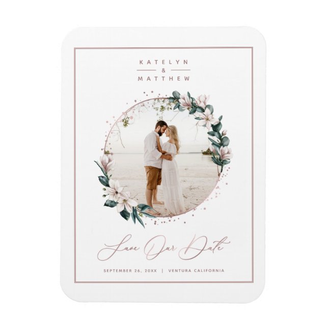 Magnolia & Ro Guld Circle Photo Save Date Magnet (Vertikal)