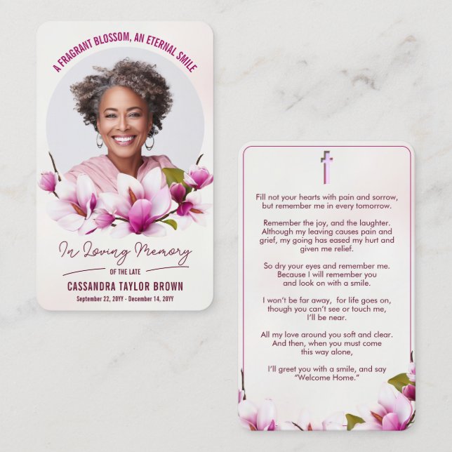 Magnolia Rosa Blommigt Funeral Prayer Card Visitkort (Fram/baksida)