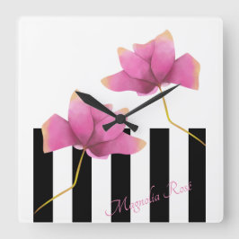 Magnolia Rosé Modern Blommigt och Rand Fyrkantig Klocka