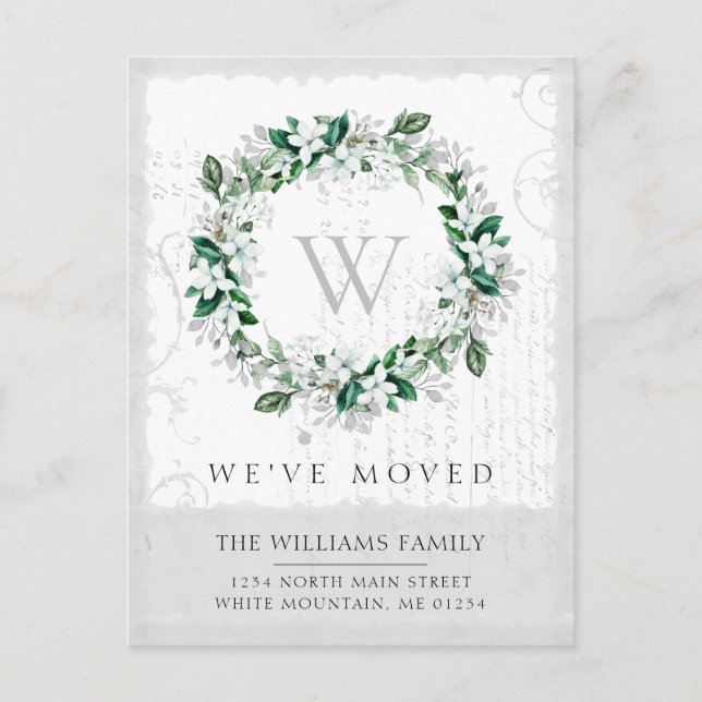 Magnolia Vattenfärg Blommig Krans  Monogram Flyttb Meddelande Vykort (Framsida)