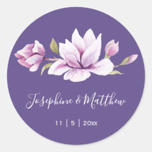 Magnolia Violet Blommigt Wedding Stickers Runt Klistermärke