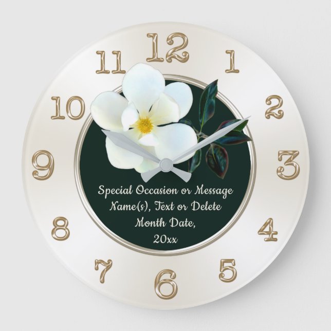 Magnolia Wall Clock, Personlig-gåvor till henne Stor Klocka (Framsida)