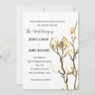 Magnolia Watercolor Rustic Ivory Cotton Bröllop Inbjudningar