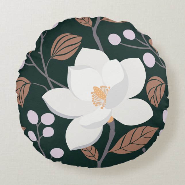 Magnolia Whisper Deep Grönt Brown Round Pillow Rund Kudde (Framsidan)