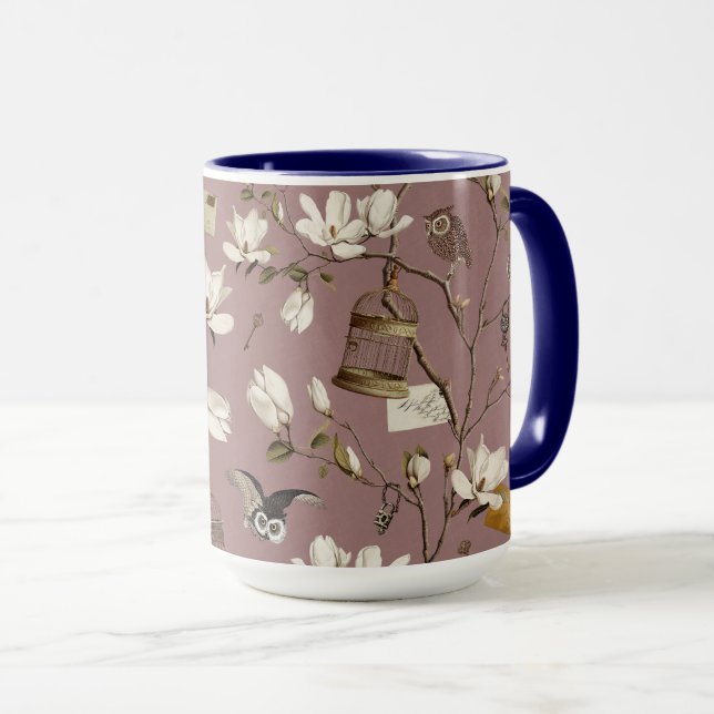 Magnoliagård med ugglor i mauve rosa mugg (Framsida höger)