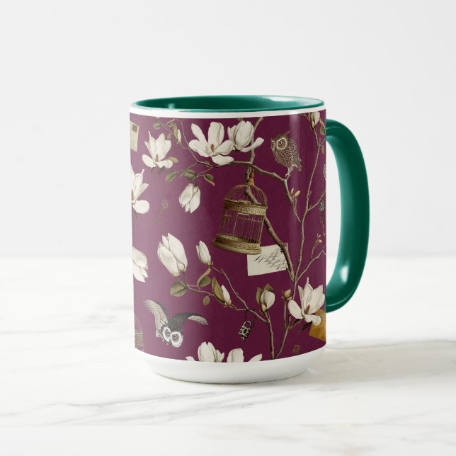 Magnoliagård med ugglor i mullbärsrött mugg (Framsida höger)