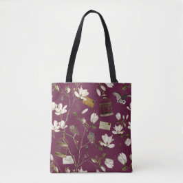 Magnoliagård med ugglor i mullbärsrött tygkasse