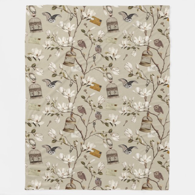 Magnoliagrotta med ugglor i ecru beige fleecefilt (Framsidan)