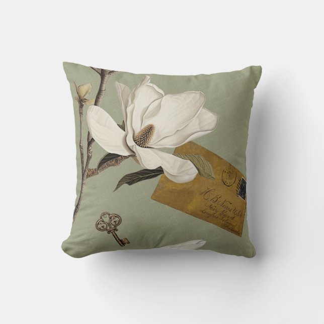 Magnolialund med ugglor 05 Salviagrön Senap Kudde (Framsida)