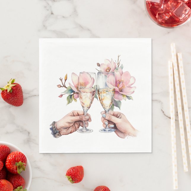 Magnolias och Champagne Glass Bröllop Pappersservett (Insitu)