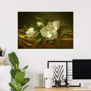 Magnolior på gul sammetsduk av MJ Heade Poster