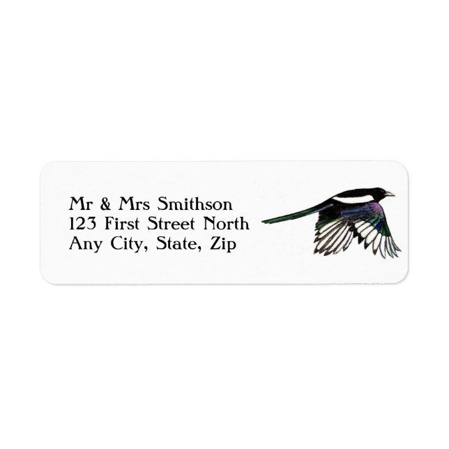 Magpie in Flight Bird Nature Art Address Label Returadress Etikett (Framsidan)