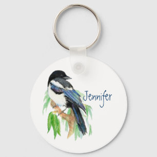 Magpie in Willow Träd, Bird, Garden to Customique Nyckelring
