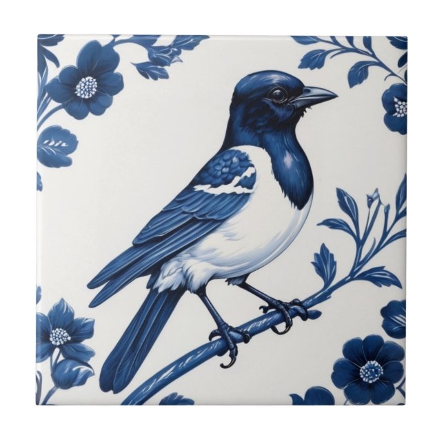 Magpie som Bird Delft Blue och White Blommigt Kakelplatta (Framsidan)