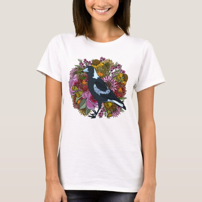 Magpie Wildblomma Vår Garden T Shirt (Framsida)