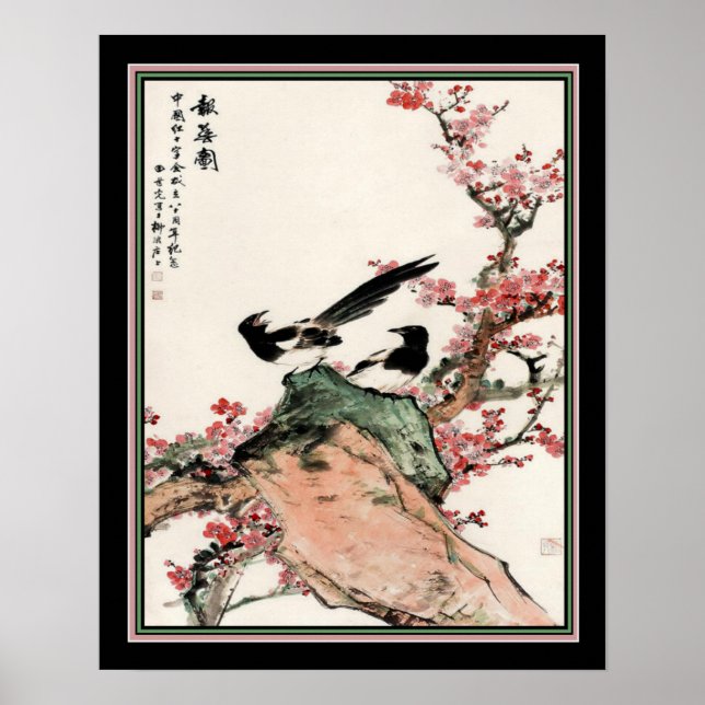 Magpies & Plum Blommars China Print 16x20 Poster (Framsidan)