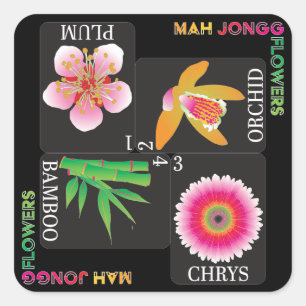 Mah Jongg 4 Flowers Stickers Fyrkantigt Klistermärke