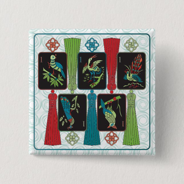Mah Jongg Bird Tassels Button Knapp (Framsida)