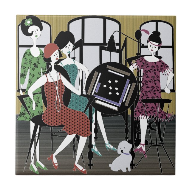 Mah Jongg Flappers Hund Tile Kakelplatta (Framsidan)